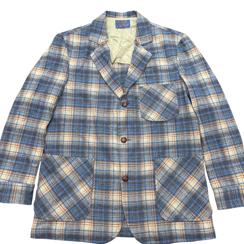 Pendleton Wool Blazer Mens‎ Medium Blue Plaid Vintage 3 Button Sport Coat USA